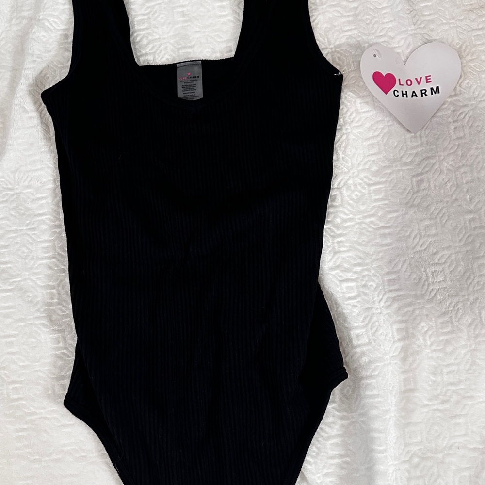 Love Charm Black Ribbed Bodysuit